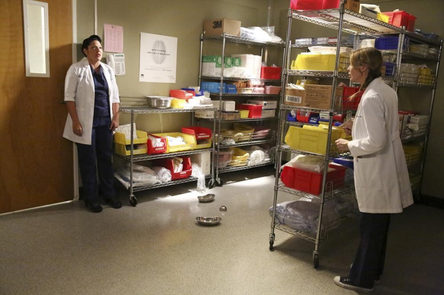 Meredith Grey (Ellen Pompeo) et Callie Torres (Sara Ramirez) dans la réserve de l'hôpital