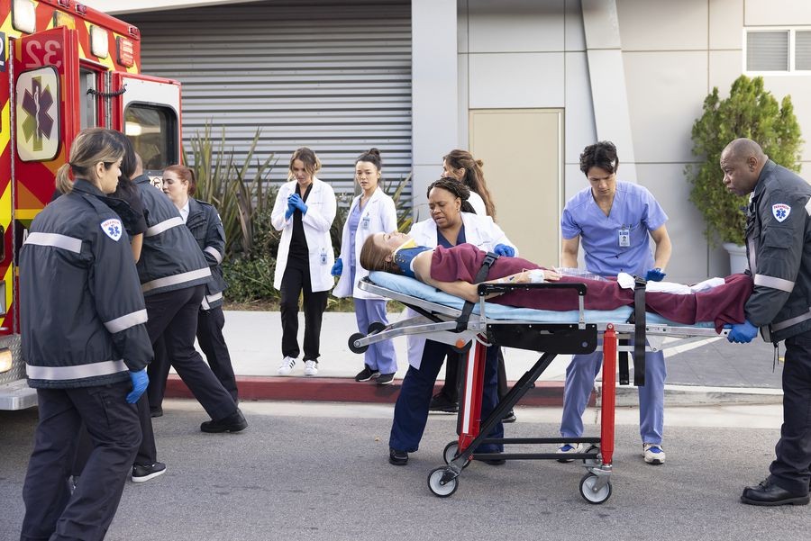 Miranda Bailey (Chandra Wilson) et les autres médecins devant une ambulance 